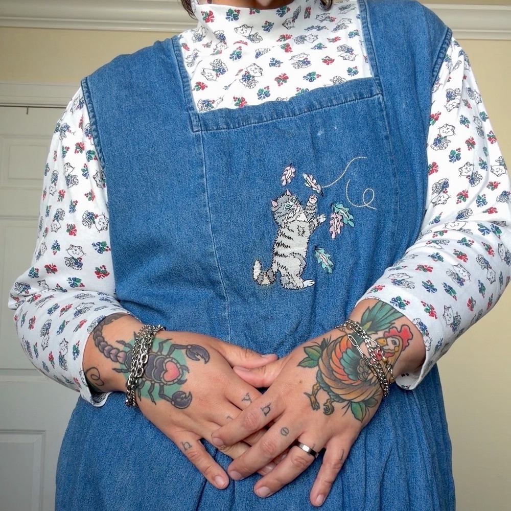 Vintage basic editions 1990s whimsical kitten mock neck shirt XL 1X cottagecore